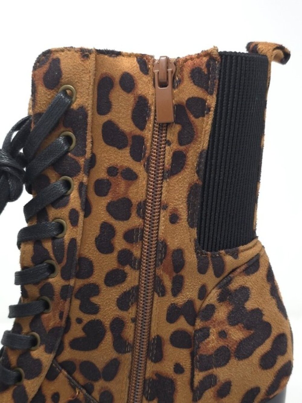 Leopard Print Chunky Heel Ankle Boots Faux Suede Lace Up Platform Zipper Trendy - Picture 9 of 12